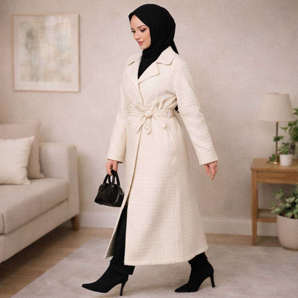 Trench Long Beige Élégant avec Ceinture - Image 2